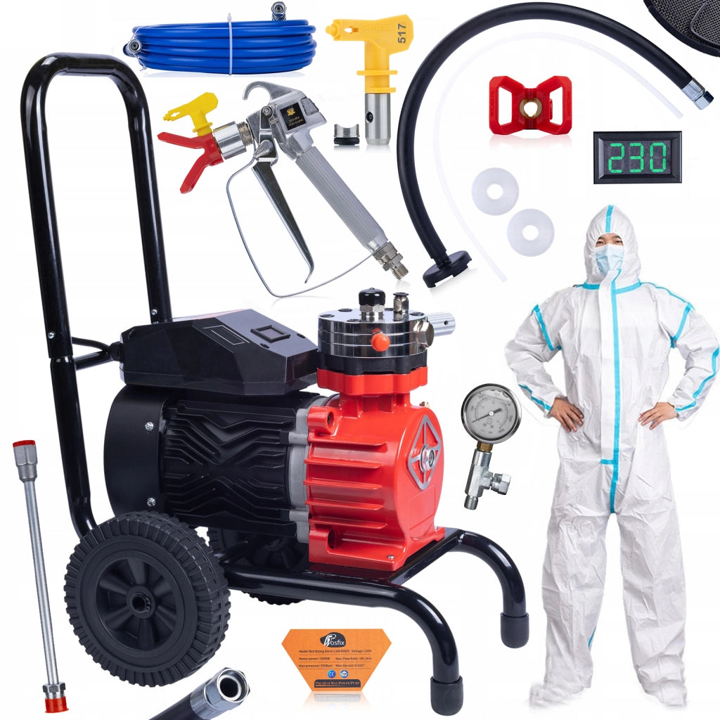 Pompa Airless Rosfix Strong Storm 1100 RSS05 – 3500W, 22MPA, 18L/min | Set con Pistola, Lancia, Tubo 8m, Manometro, Tuta