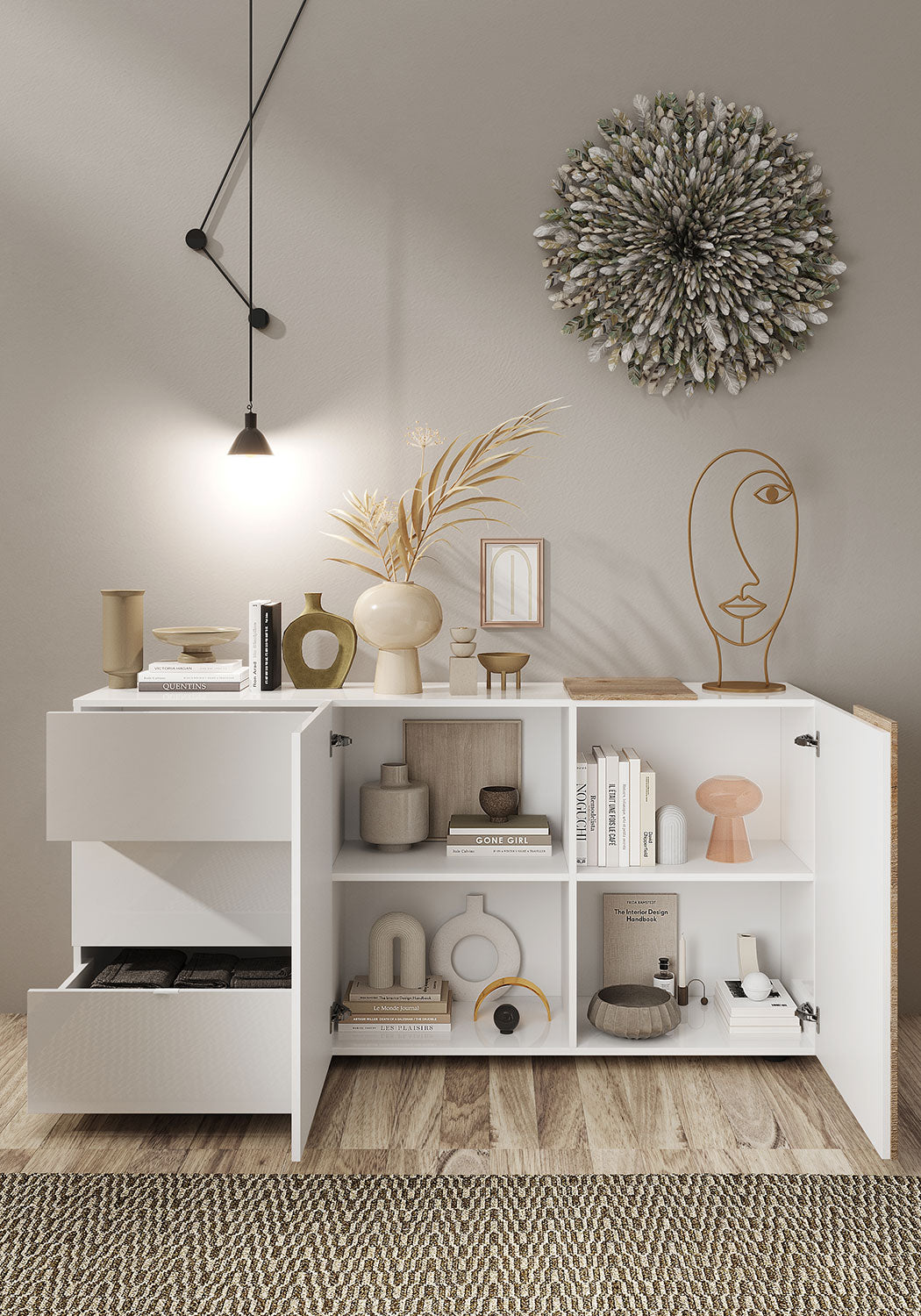 Madia Design Moderno 2 Ante 3 Cassetti Venus 181x44x84 cm Bianco Lucido E Cadiz