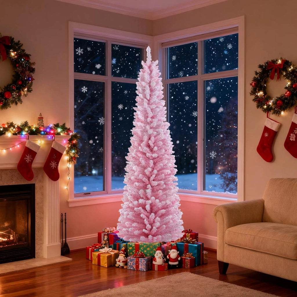 180 cm Albero di Natale Artificiale Rosa, Albero di Natale a Matita con 460 Punte di Rami Innevati e Base Pieghevole in Metallo, Albero non Illuminato per Festa e Decorazione