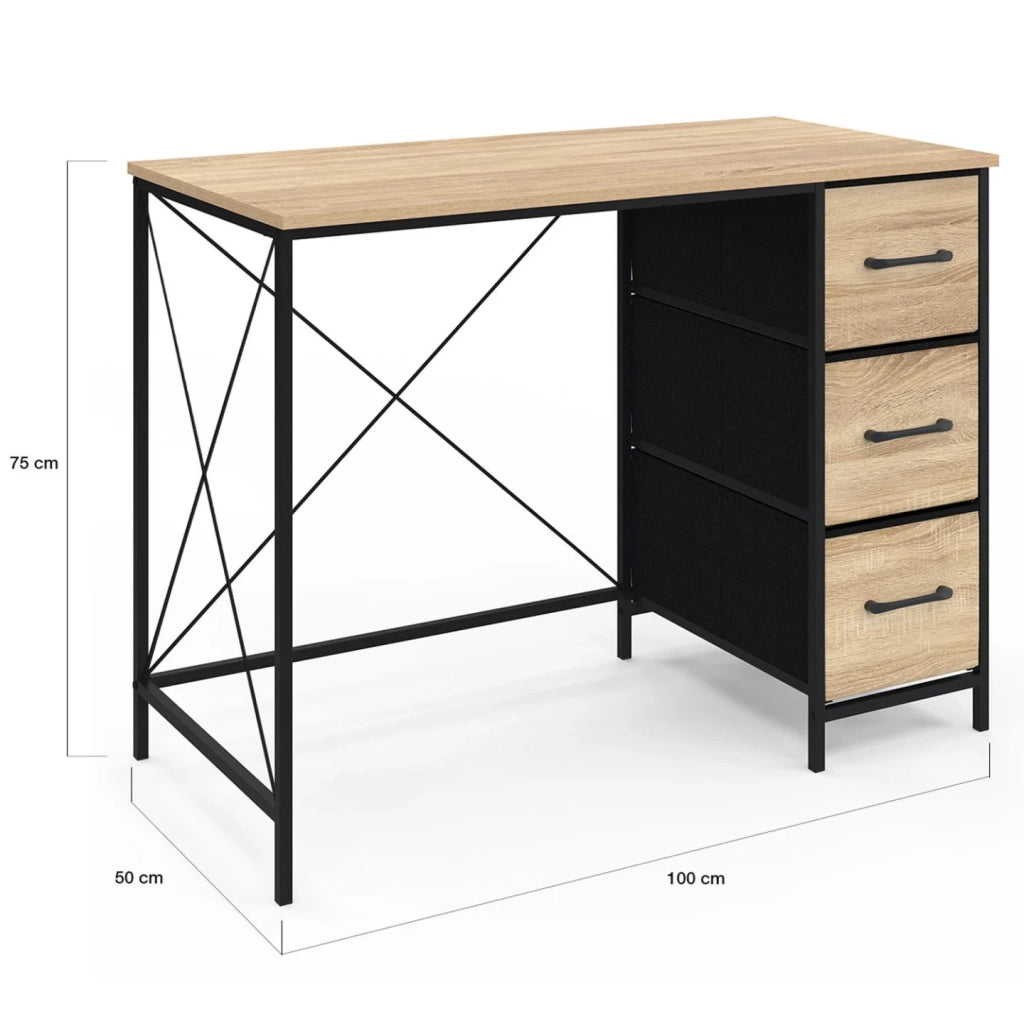 IDMarket - Scrivania in tessuto a 3 cassetti UTAH in legno e nero, design industriale