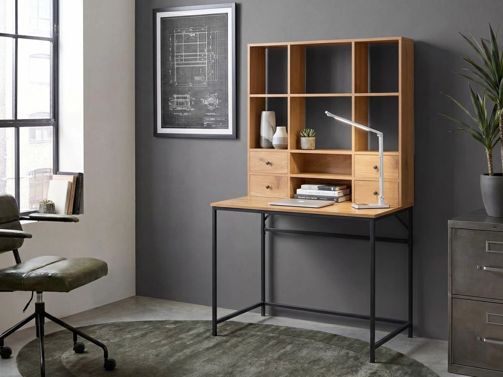 Scrivania da ufficio per la casa in stile scandinavo con cassetti, MDF 105 x 60 cm , ripiani aperti, marrone chiaro