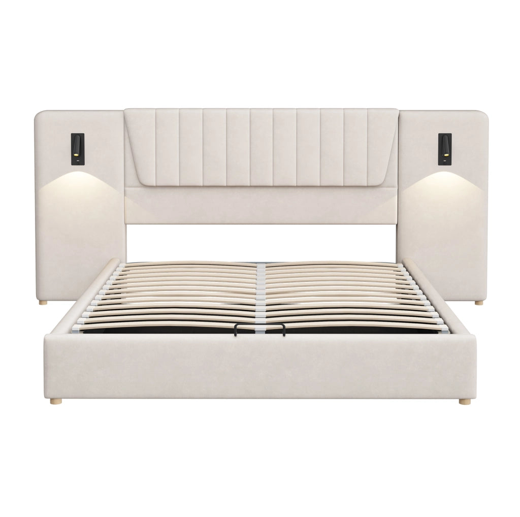 Letto imbottito 180x200 cm con contenitore idraulico, lampade USB e velluto beige