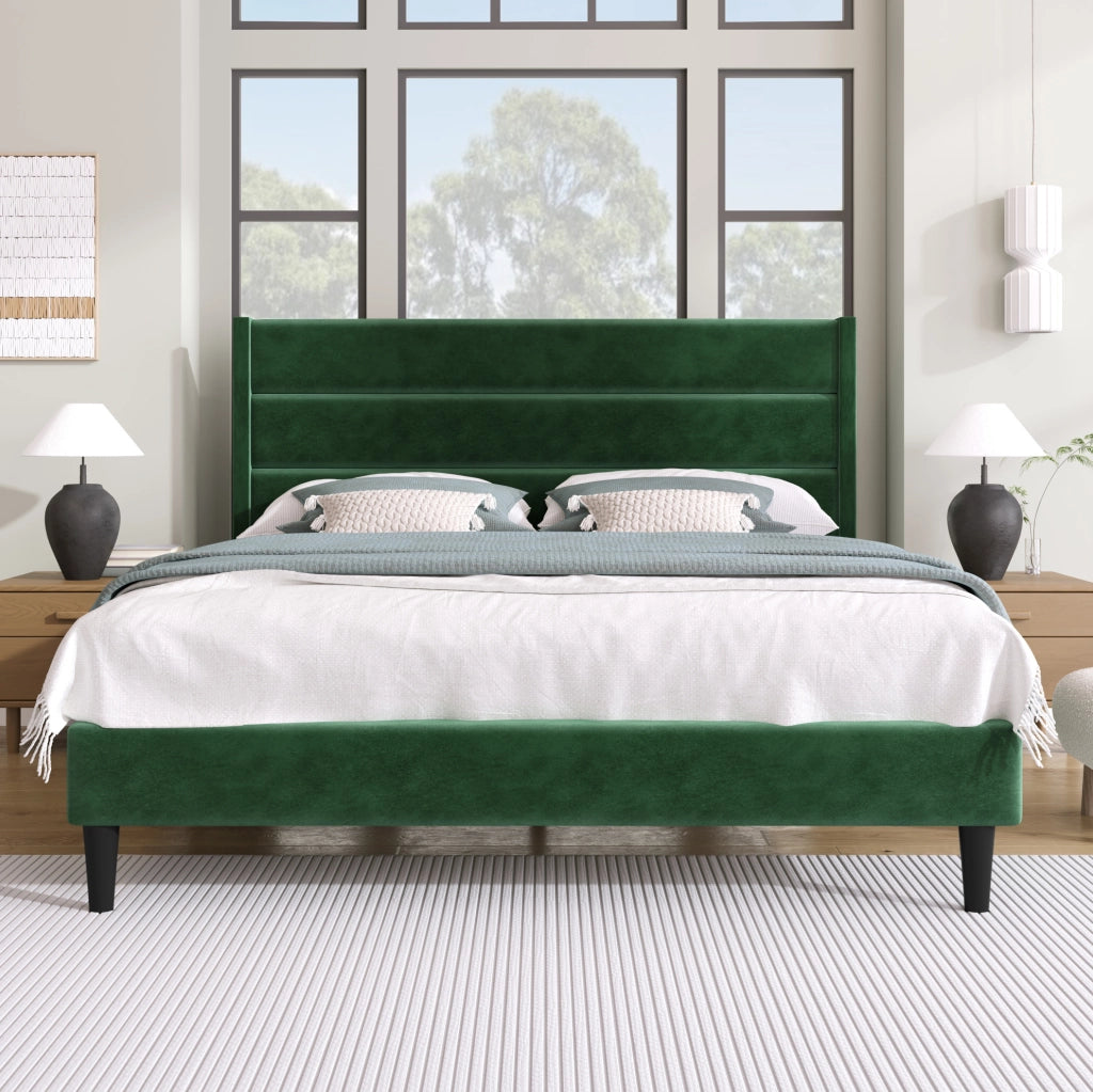 Letto imbottito matrimoniale 140x200 cm in velluto verde scuro con testiera e rete a doghe