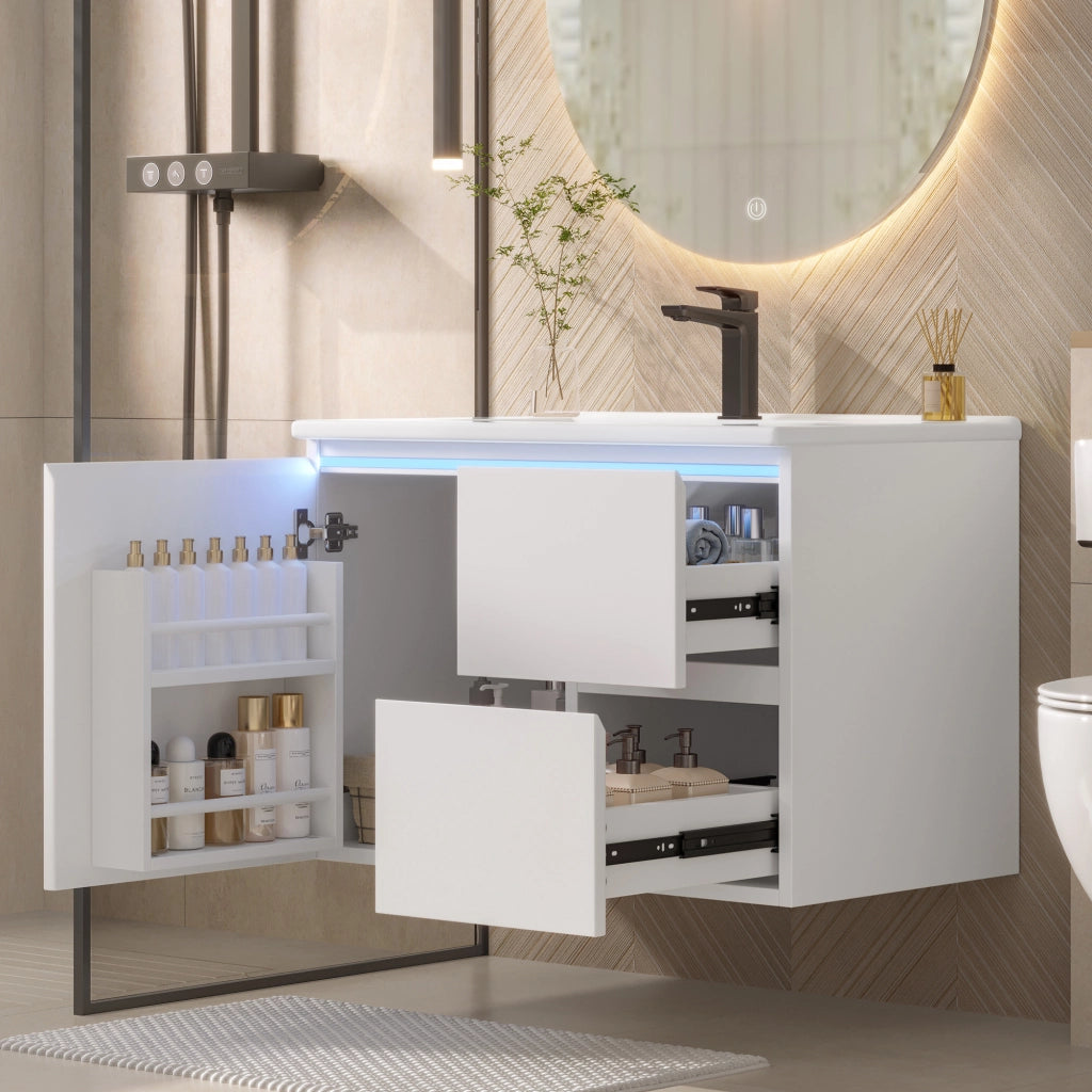 Mobile sottolavabo con 2 cassetti, LED a sensore radar, lavabo in ceramica, per bagno, bianco, 76 × 46 × 50 cm