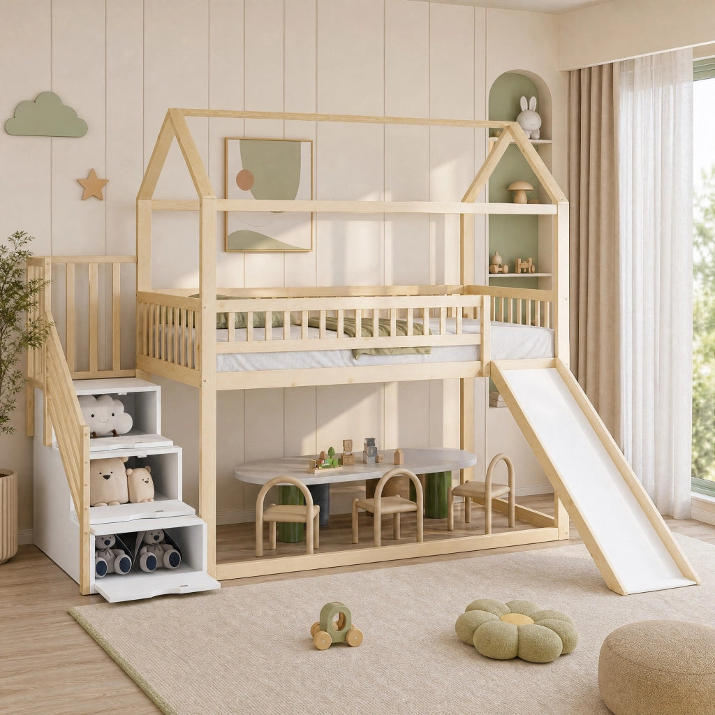 LETTO a soppalco per bambini con scivolo e scala contenitore 90x200 cm legno