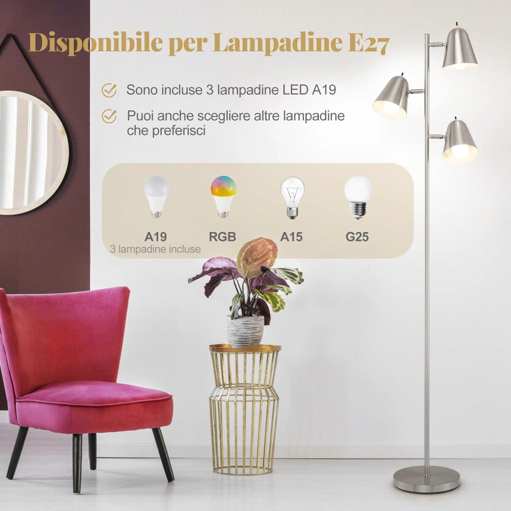 Lampada da Terra Salotto Moderna con 3 Lampadine e Paralumi Regolabili, Interruttore Indipendente, Lampada a Stelo in Metallo con Base Stabile per Camera da Letto e Ufficio (Argento)