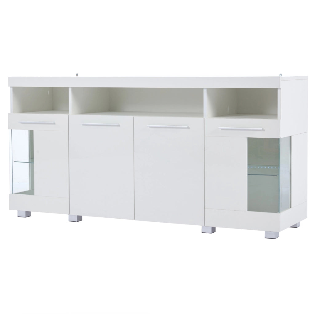 Credenza bianca 140x40x70 cm con LED integrato e ante in vetro temperato