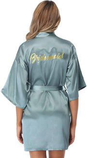 Abito da sposa con kimono in seta per la sposa e la damigella d'onore con collo a V e cintura (L, verde per damigella d'onore)