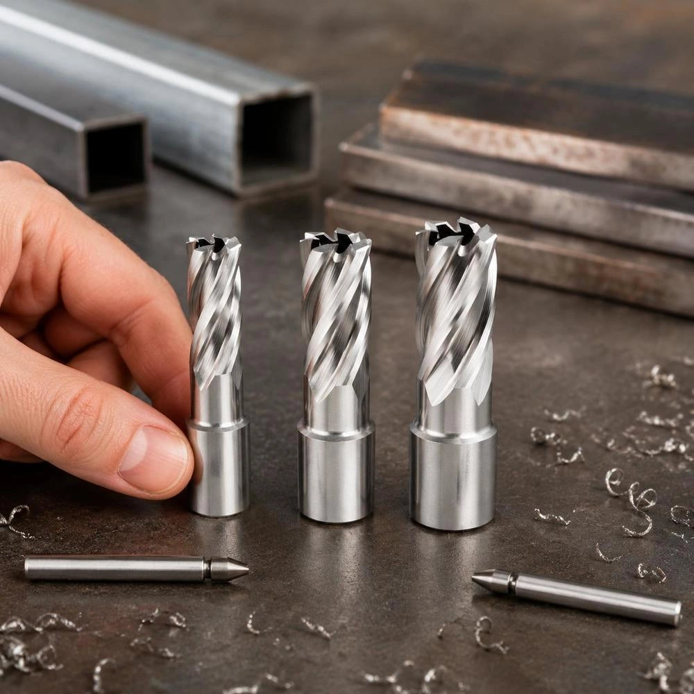 Annular Cutter Set, 5 Pcs Weldon Shank Mag Drill Bits Kit, 1" Cutting Depth, 1/2", 5/8", 1" Cutting Diameter, HSS, 3 Drill Bits With 2 Pilot Pins And 3 Plastic Cases, For Magnetic Drills, Steel