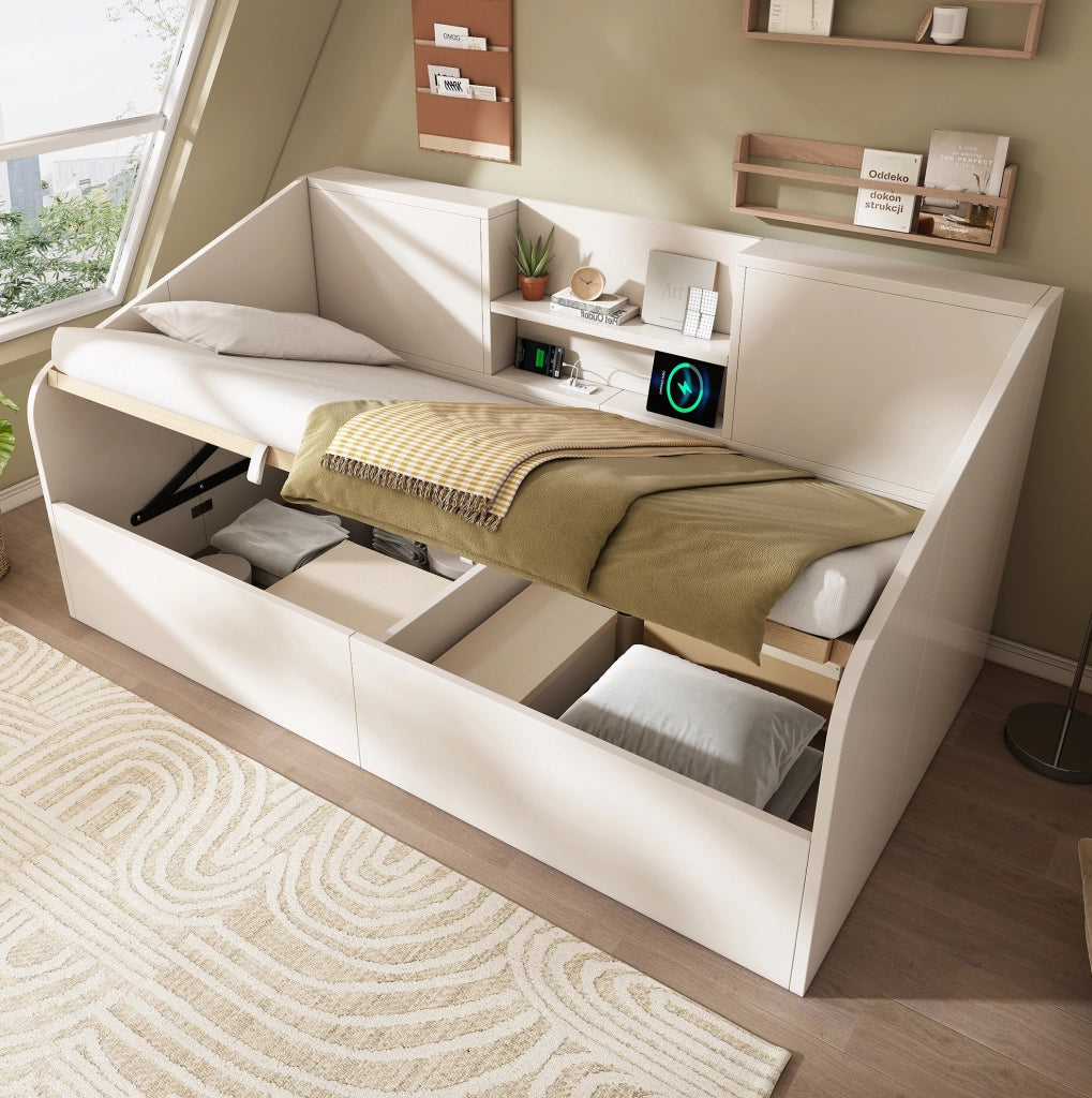 Letto da giorno ULEVR 90x200 cm bianco con contenitore idraulico, ripiani e ricarica USB/Type-C
