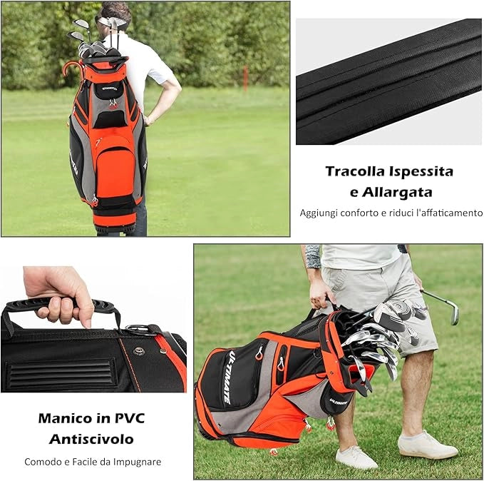 Borsa da Golf Portatile con 14 Divisori Superiori a Tutta Lunghezza, 7 Tasche con Cerniera, Cappuccio Antipioggia, Tracolla, Manico e Portaombrelli, Ideale per Uomini e Donne (Rosso e Grigio)
