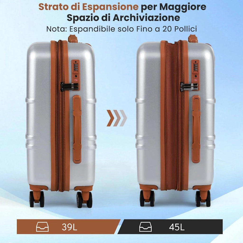 Set di Valigie Rigide 3 Pezzi, Set Valigia da Viaggio in ABS con TSA Lucchetto, Manico Telescopico in Alluminio e Ruote Piroettanti, 20", 24", 28" (Argento)