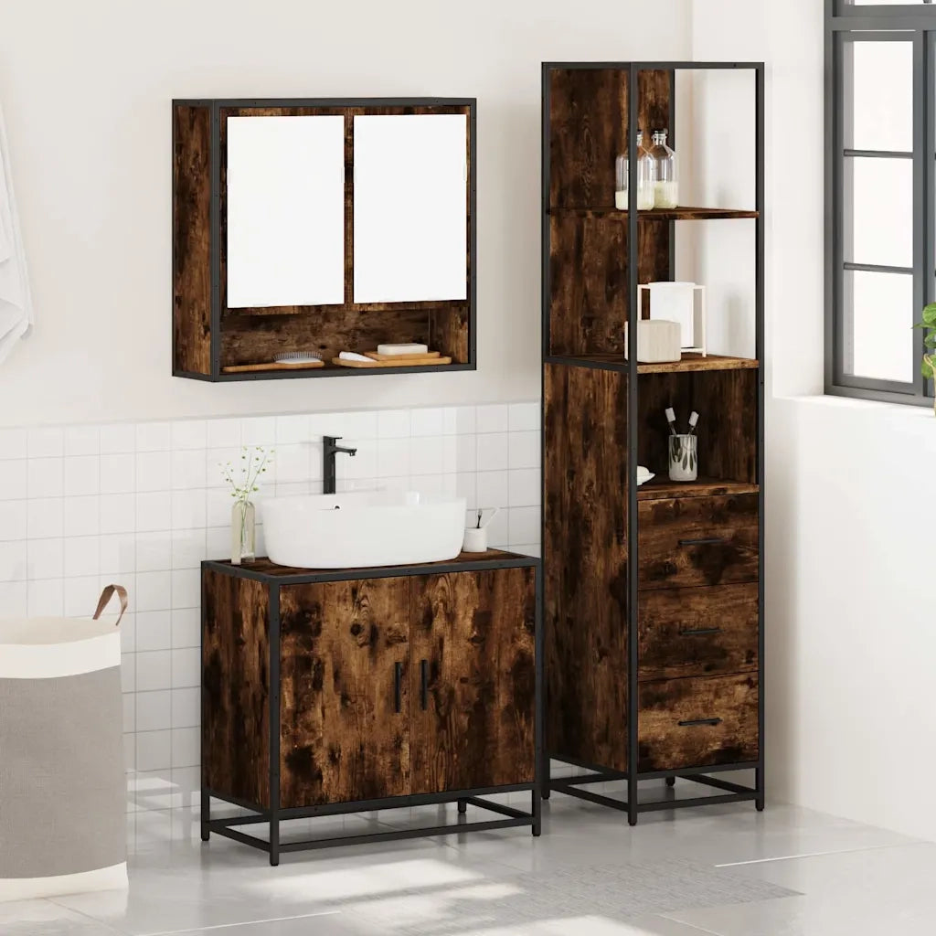 Set Mobili da Bagno 3 pz Rovere Fumo in Legno Multistrato