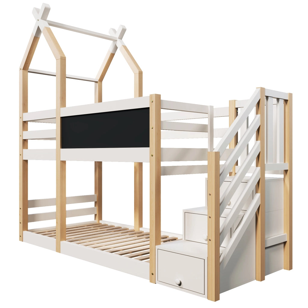 Letto a Castello 90x200 cm con Lavagna; Contenitore nella Scala e Sponda Bianca