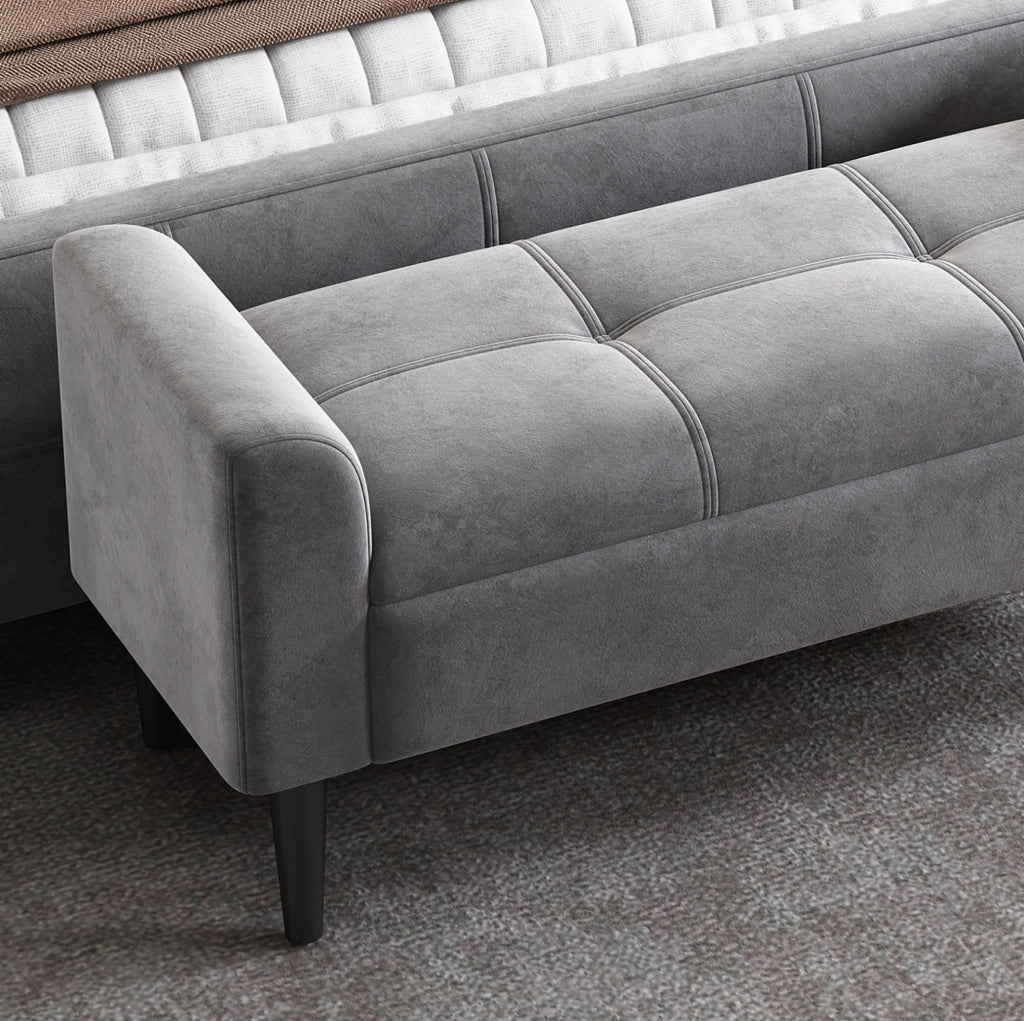 Panca imbottita 116x44x56 cm con bracciolo e motivo trapuntato in velluto e MDF grigio