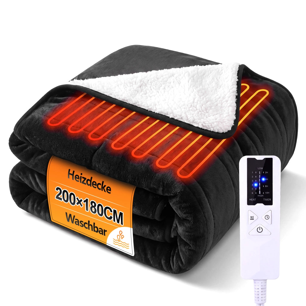 ZMH Coperta termica elettrica double-face 200x180cm nero e bianca 6 livelli di temperatura funzione timer