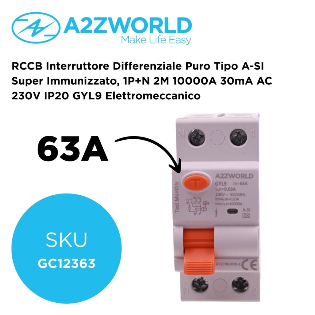 RCCB Interruttore Differenziale Puro Tipo A-SI Super Immunizzato, 1P+N 2M 10000A 30mA AC 230V IP20 GYL9 Elettromeccanico, Corrente Disponibili 25A 40A 63A 100A (63A)