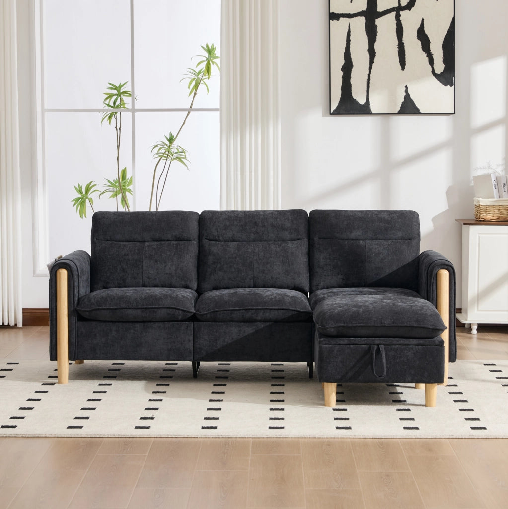 Divano 3 posti 201x77x86 cm nero con pouf contenitore, ciniglia,