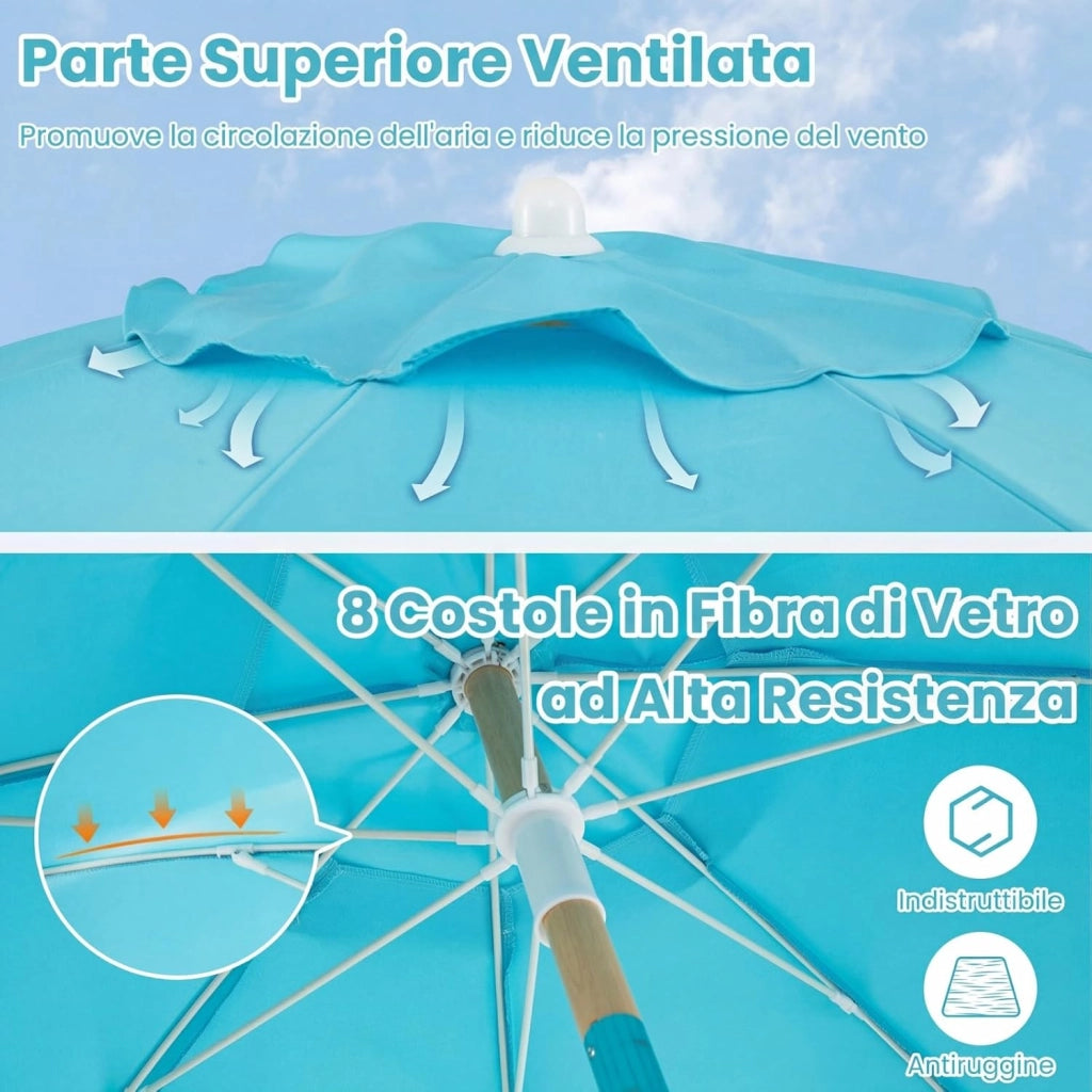 Ombrellone da Spiaggia 180 cm, Inclinabile Regolabile 30°, Palo in Legno, 8 Stecche in Fibra di Vetro, Ombrellone per Giardino, Piscina, Terrazza (Blu)