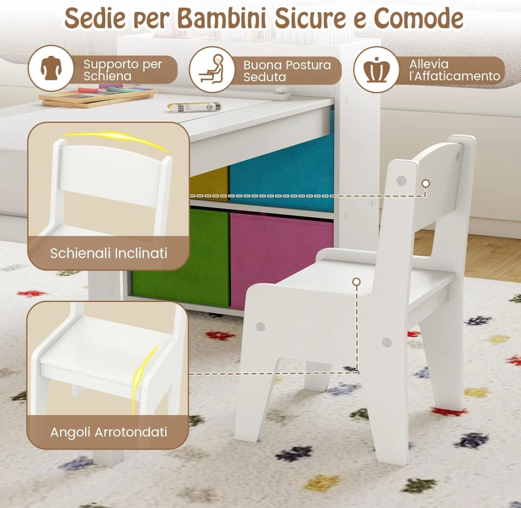 3 in 1 Set Tavola d’Arte e 2 Sedie per Bambini, Tavolo in Legno con Rotolo di Carta per Disegnare, Mobile Montessori per Cameretta con Ripiani e 4 Cassetti in Tessuto Salvaspazio (Bianco)