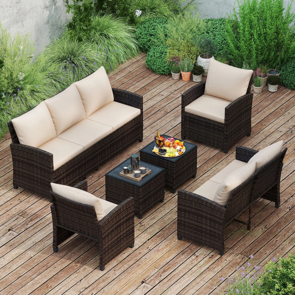 Set salotto da esterno in rattan PE con divano a 3 posti divano a 2 posti, Set da giardino con 2 poltrone e 2 poggiapiedi Beige