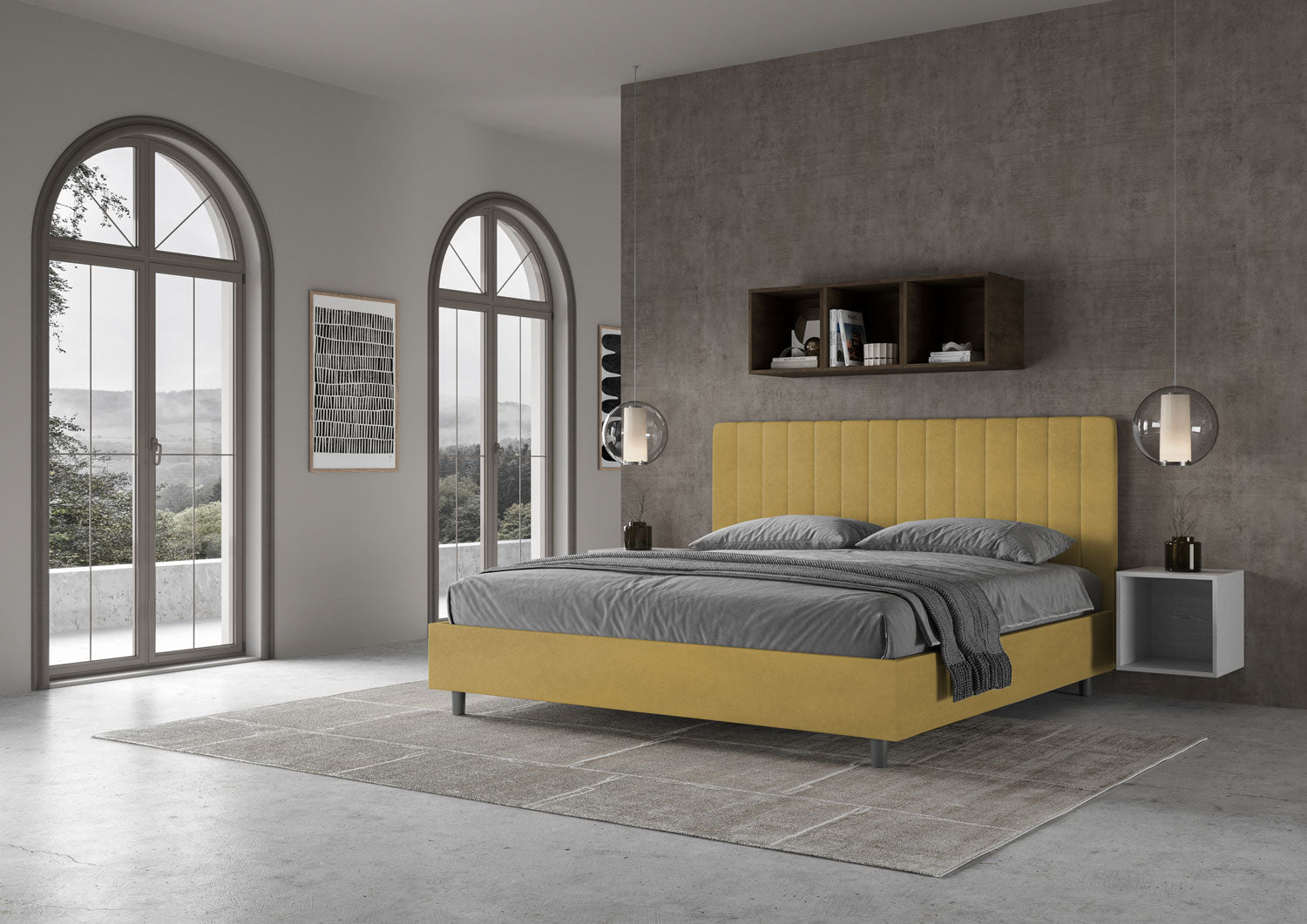 Letto Matrimoniale King Size 200x210 cm con Rete e Contenitore Imbottito in Microfibra Agueda Ocra