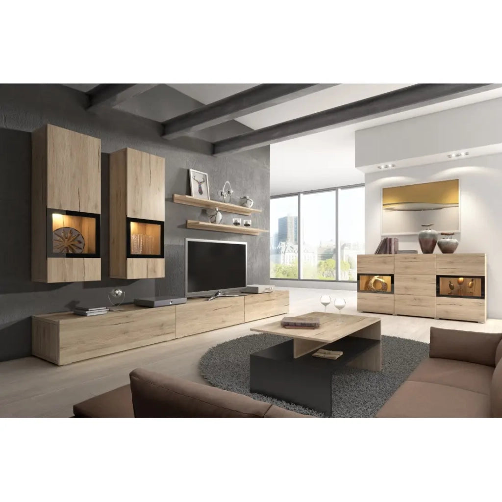 Set soggiorno RAMOS – LED multicolori integrate – Rovere e nero - Mobile TV, vetrine, scaffali
