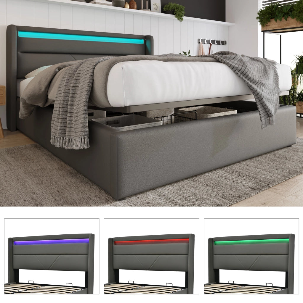 Letto contenitore 140x200 cm in PU grigio con LED