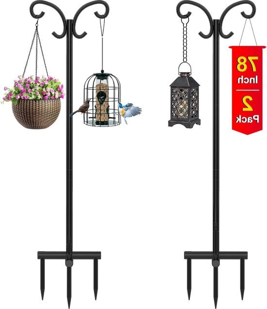Verstilizzabile Palo da Caccia per Uccelli con Luce a Sostegno per Piante e Lampada da Giardino, 78in-198cm, Nero