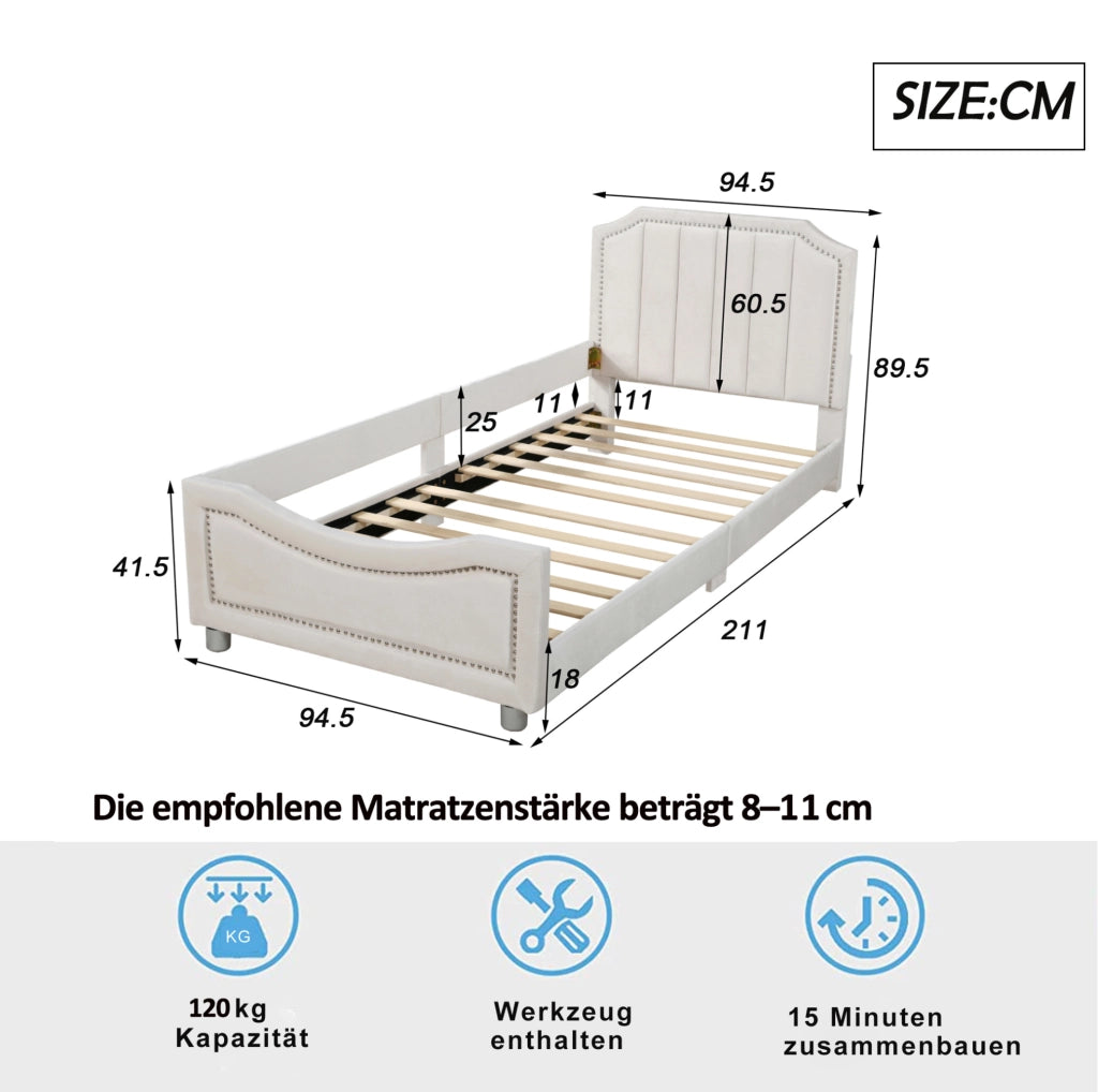 Letto imbottito 211x94;5x41;5 cm con testiera e pediera; flanella beige