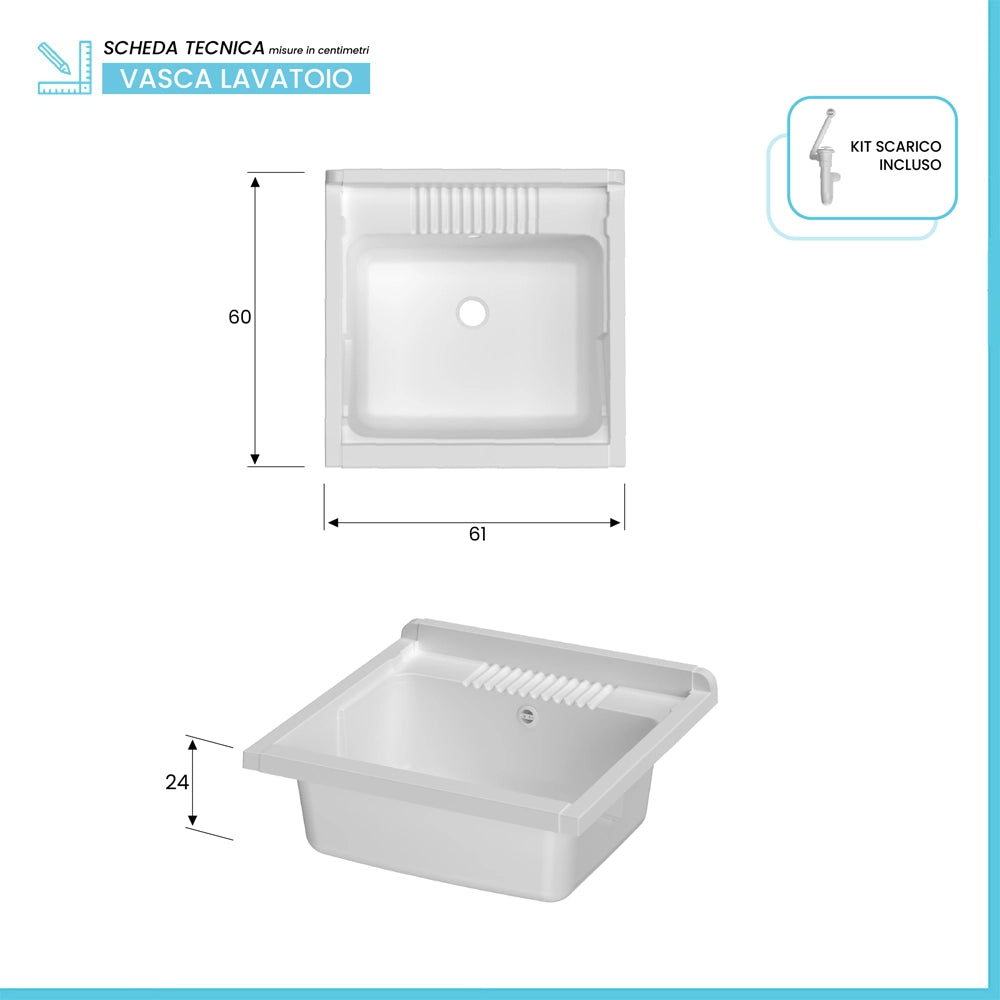 Mobile lavatoio 60x60 cm bianco in kit di montaggio con vasca e asse Ikaro