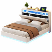 Letto matrimoniale 160x200 cm con USB e LED; testiera ribaltabile; tessuto beige (Senza materasso)