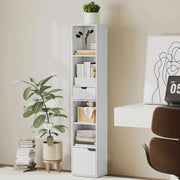 SCAFFALE LIBRERIA A 4 RIPIANI APERTI CON ARMADIETTO E CASSETTO, 30X24X158 CM, IN LEGNO BIANCO