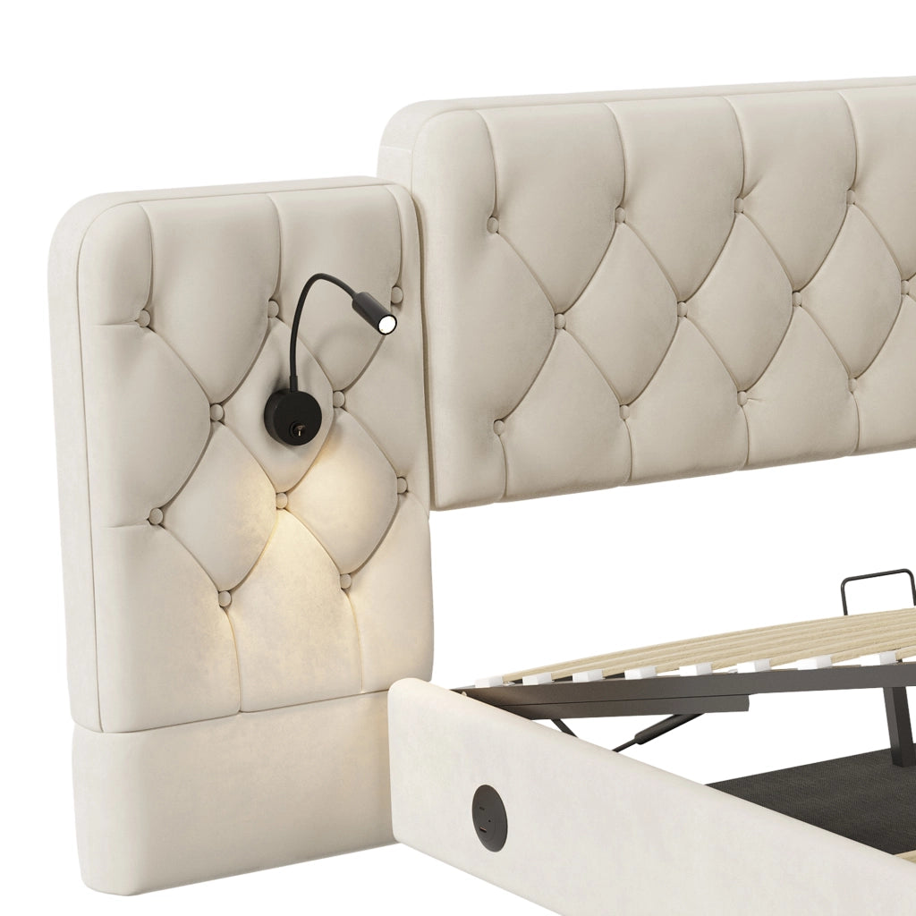 Letto contenitore 160 × 200 cm 2 posti con luce da lettura, USB, vano idraulico, senza materasso, beige