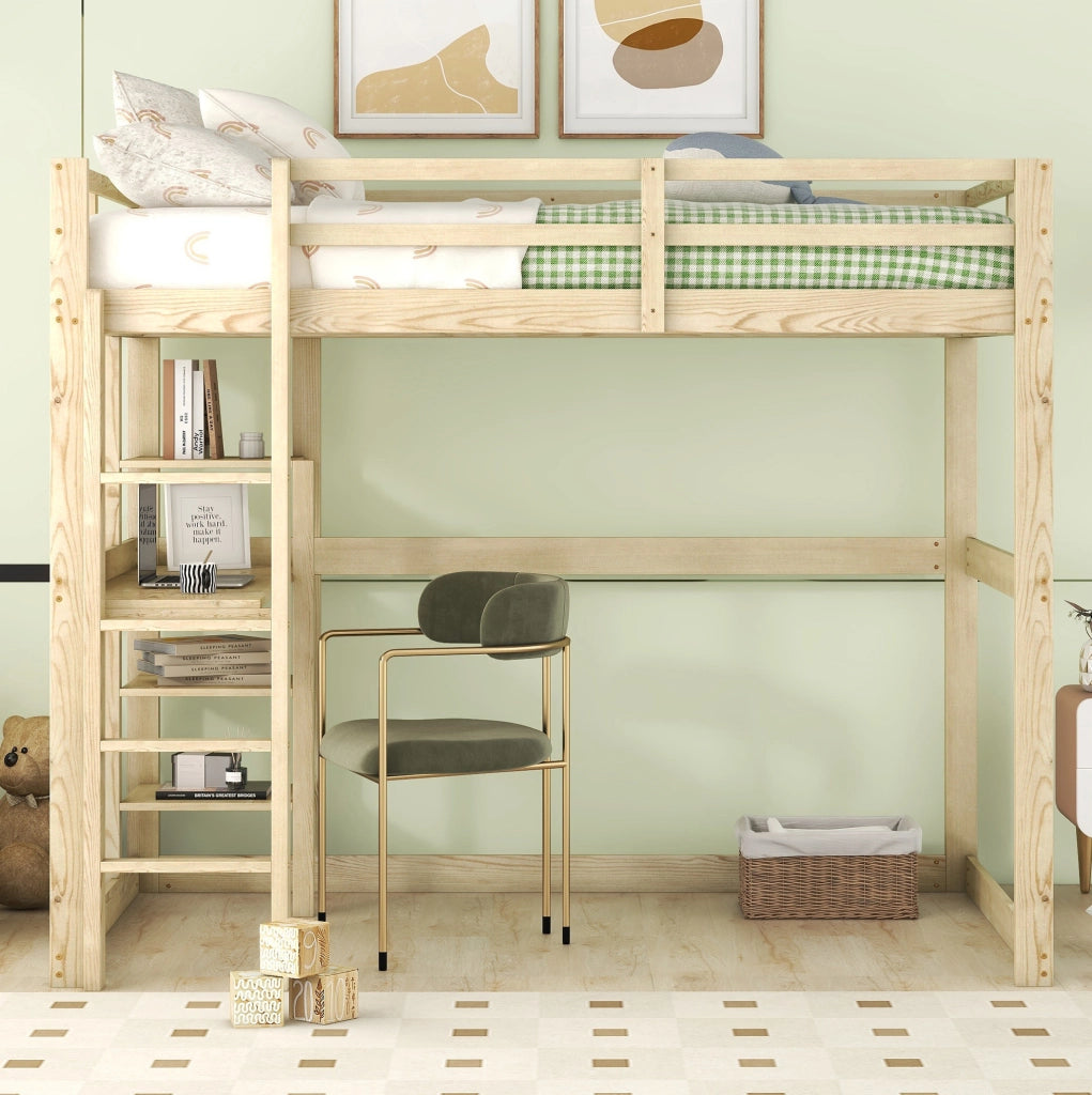Letto a soppalco 140x200 cm con scrivania e 4 vani in legno di pino; colore naturale
