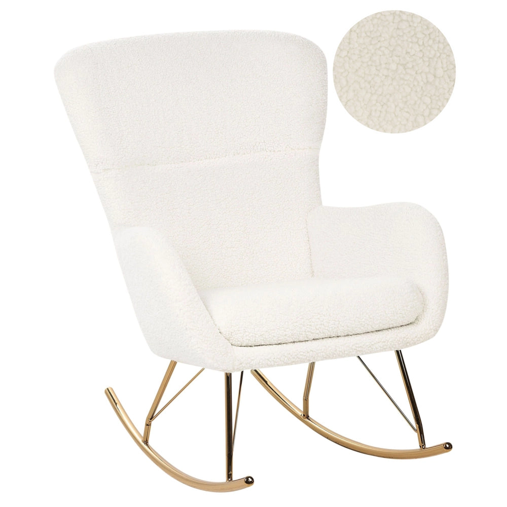 Sedia a dondolo in tessuto poliestere boucle bianco e oro Rivestimento in metallo Gambe a pattini Design tradizionale e retrò