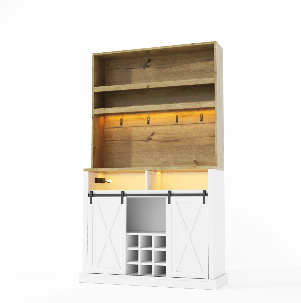 Credenza alta 110x40x191 cm con vetrina; prese USB e LED in MDF naturale e bianco