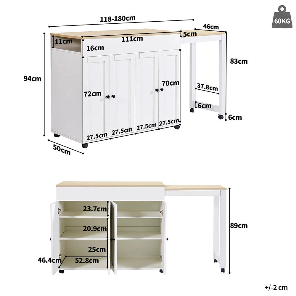 Tavolo Bar Estendibile - Xylo - 118-180??50??94 cm - Bianco 6 Ripiani