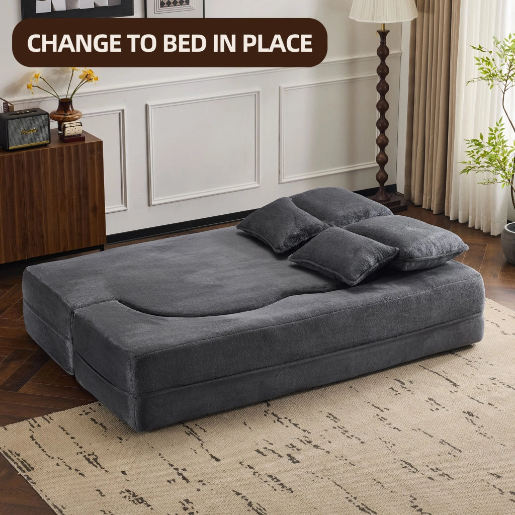 Divano futon pieghevole in schiuma ad alta densità con 4 cuscini in tessuto morbido blu e grigio 36.0 × 36.0 × 143.0 cm
