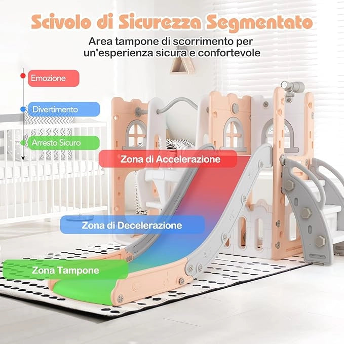 7 in 1 Parco Giochi per Bambini, Set di Scivolo e Altalena per Bambini con Canestro da Basket e Telescopio, 142 x 165 x 92 cm, 1-3 Anni (Rosa)