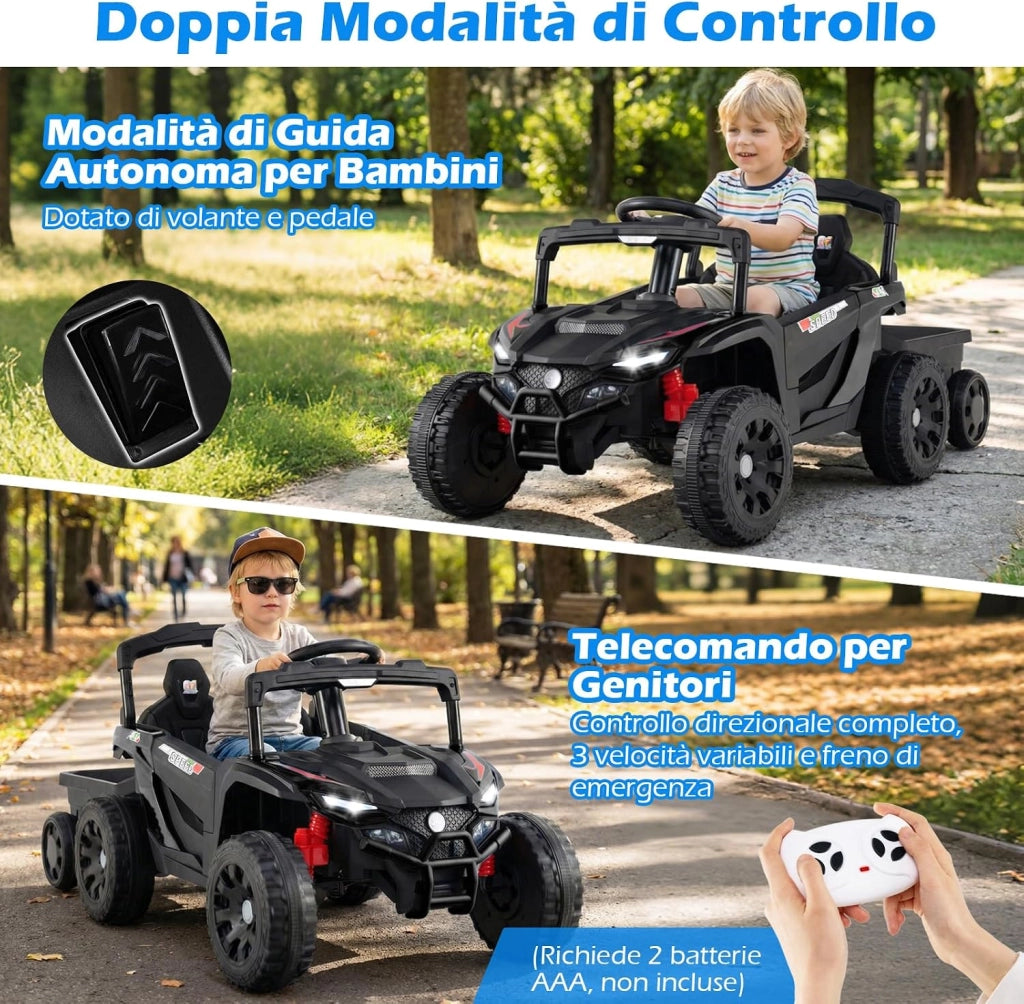 Macchina Elettrica per Bambini UTV con Rimorchio Staccabile, 12V Trattore con Telecomando, Sospensioni a Molla, Luci e Musica, Veicolo Elettrico per Bambini 3+ Anni (Nero)