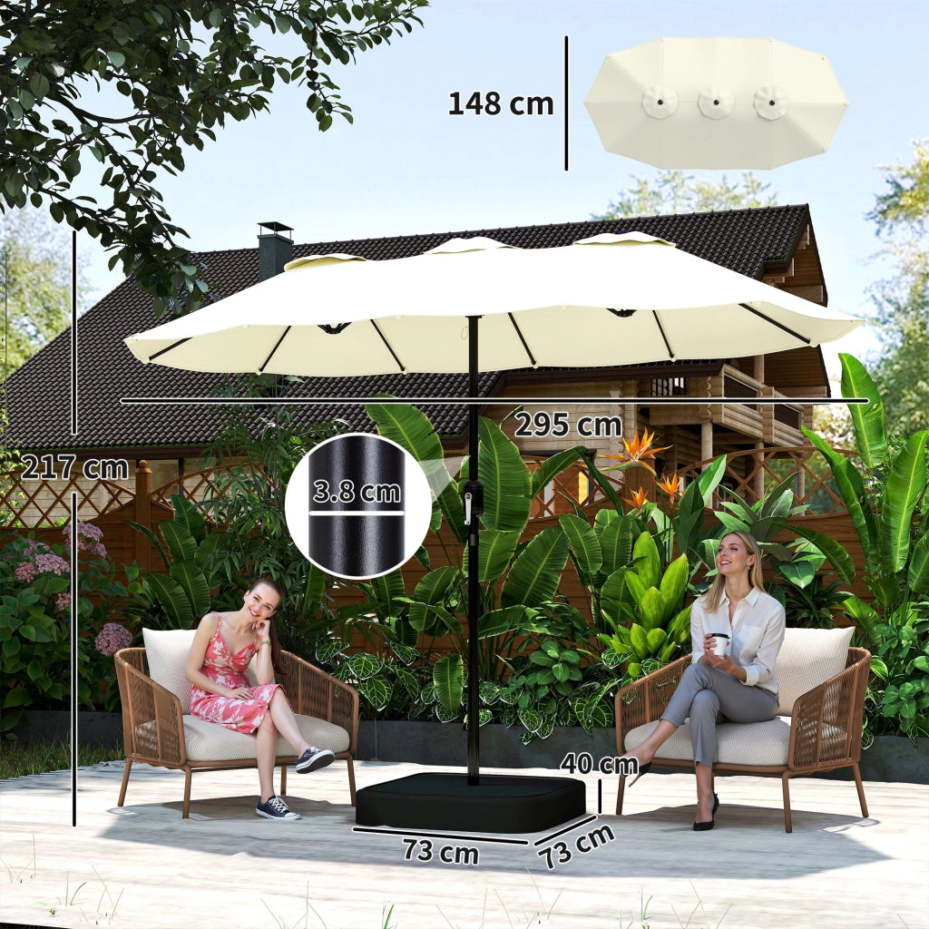Ombrellone Doppio da Giardino a 12 Stecche con Manovella Base a Croce e Sacchi in Metallo e Poliestere Beige