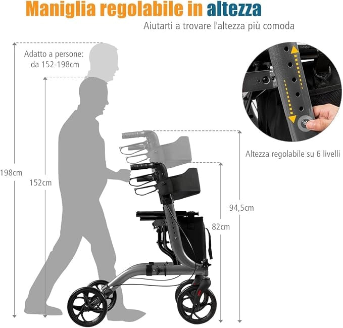 Deambulatore Pieghevole per Anziani Ultraleggero, con Sedile Borsa da Spesa e 4 Ruote Freno a Mano, Rollator Altezza Regolabile, Capacità 136kg, Lega di Alluminio, Nero (Grigio)