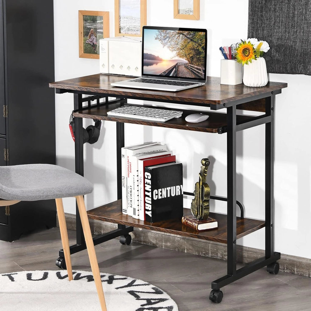 Scrivania portatile per computer con estrattore per tastiera, scrivania compatta con ampia superficie di lavoro, supporto per CPU e ganci, tavolo per PC industriale, per casa, marrone rustico