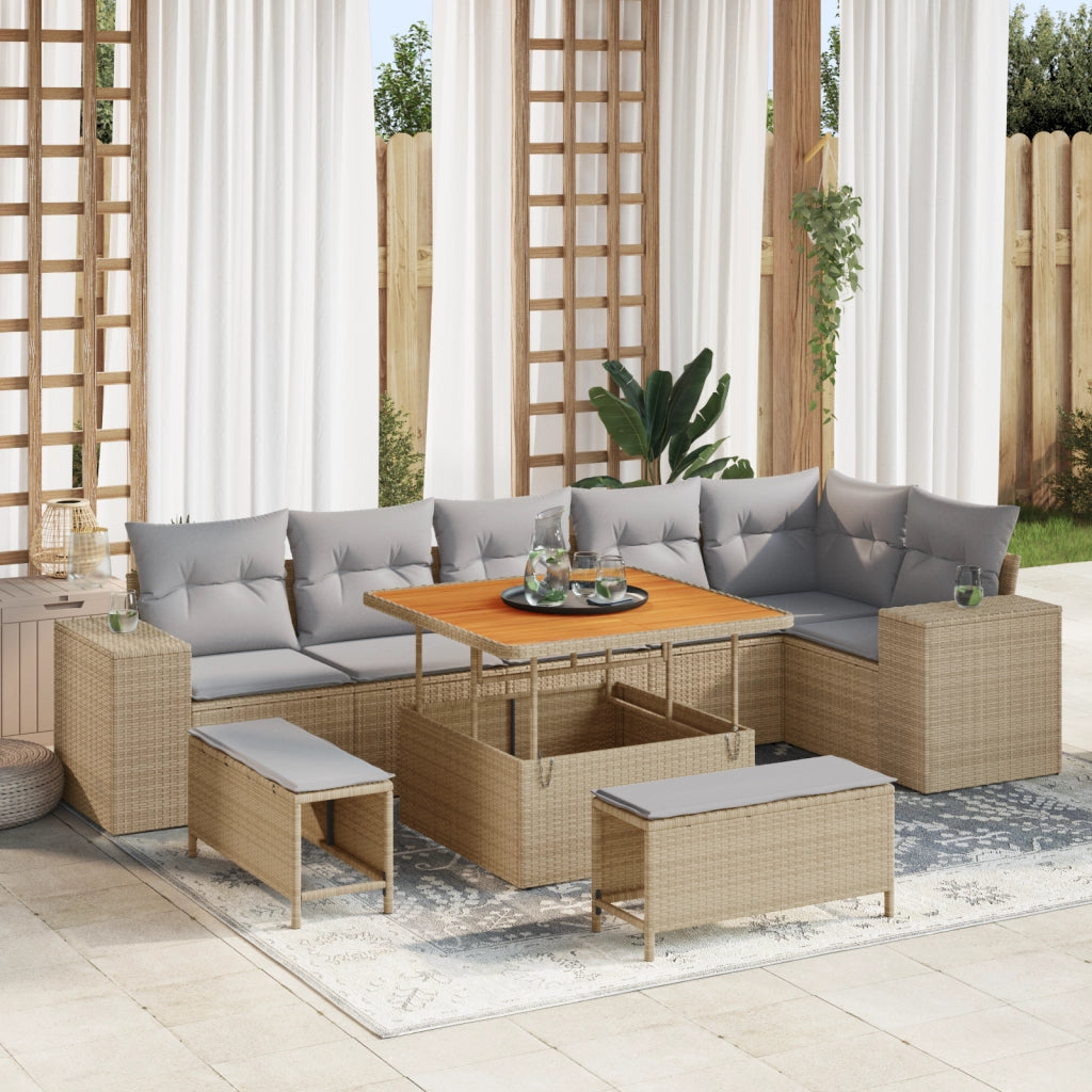 Set Divano da Giardino 9 Pezzi con Cuscini Beige Poly Rattan Acacia