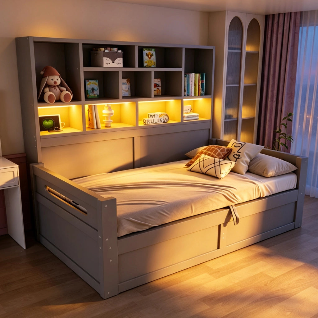 Letto contenitore 90x200 cm con sollevamento idraulico; LED; USB e ripiani portaoggetti; MDF grigio