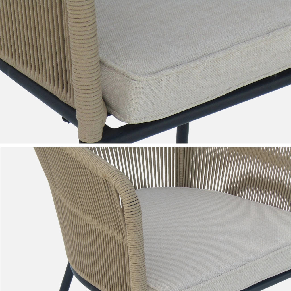 Set tavolo da pranzo rotondo in legno con 4 poltrone in corda, beige