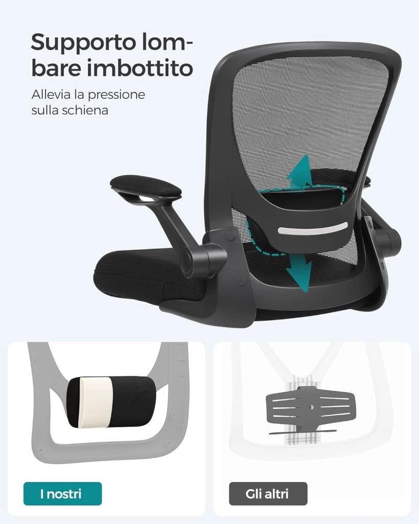SONGMICS Sedia da Ufficio Girevole, Sedia di Rete da Computer Ergonomica, Supporto Lombare, Oscillante, Seduta 53 cm, Braccioli Pieghevoli, Nero OBN37BK