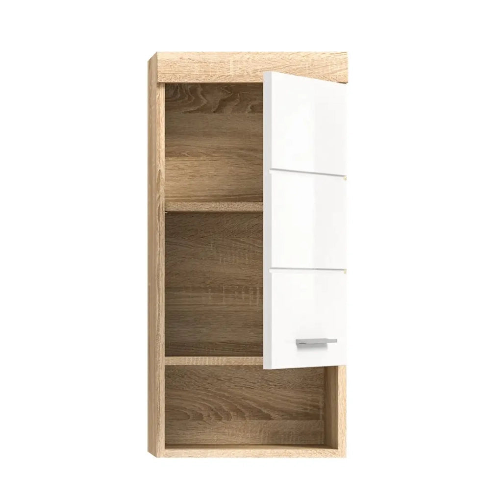 Mezza colonna da bagno LEWOTO - 1 porta e 1 nicchia - Bianco e rovere chiaro