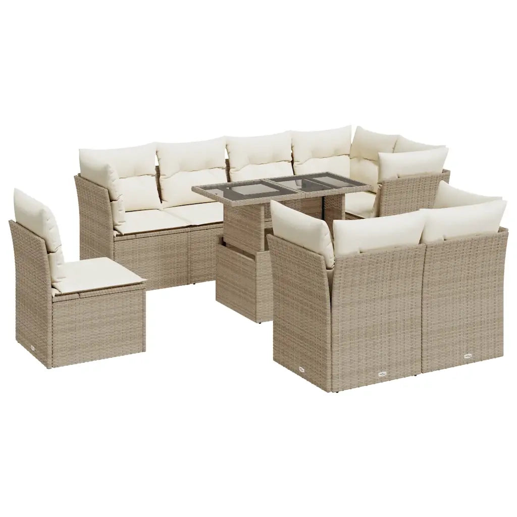 Set Divano da Giardino 9 pz con Cuscini Beige in Polyrattan